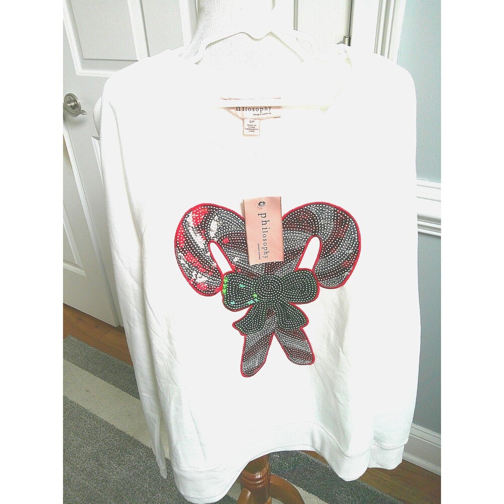 NWT Philosophy Republic Women's White Sequin Candy Cane Sweatshirt Size Small